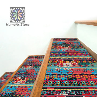 Patchwork Themed Stair Rugs, Boho Style Step Mats, Ethnic Stair Carpet, Colorful Geometric Pattern Stair Tread Rugs