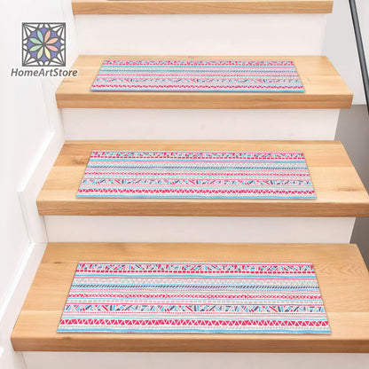 Ethnic Stair Rugs, Boho Style Stair Carpet, Tribal Motif Stair Mats, Geometric Pattern Stair Mat