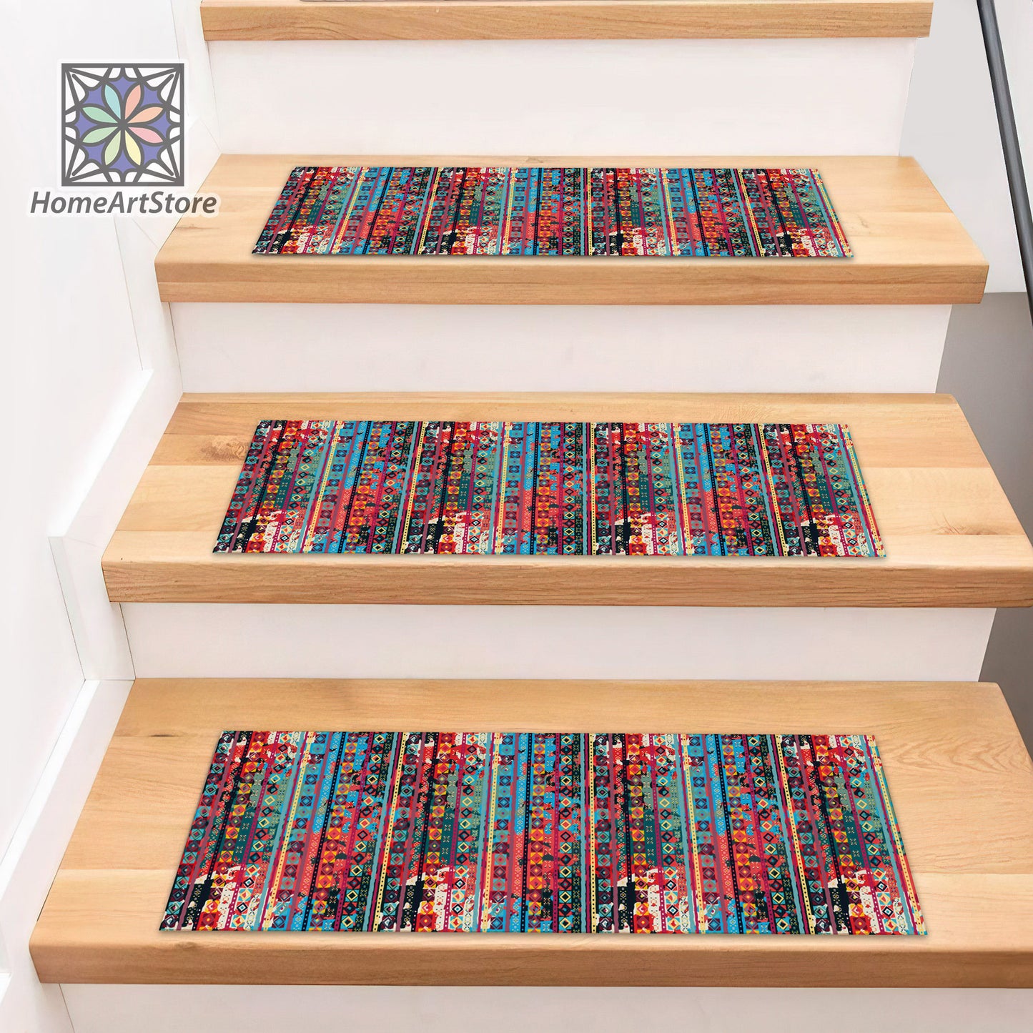 Patchwork Themed Stair Rugs, Boho Style Step Mats, Ethnic Stair Carpet, Colorful Geometric Pattern Stair Tread Rugs