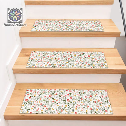 Boho Style Stair Rugs, Floral Pattern Step Mats, Modern Stair Treads Carpet, Machine Washable Stair Mat