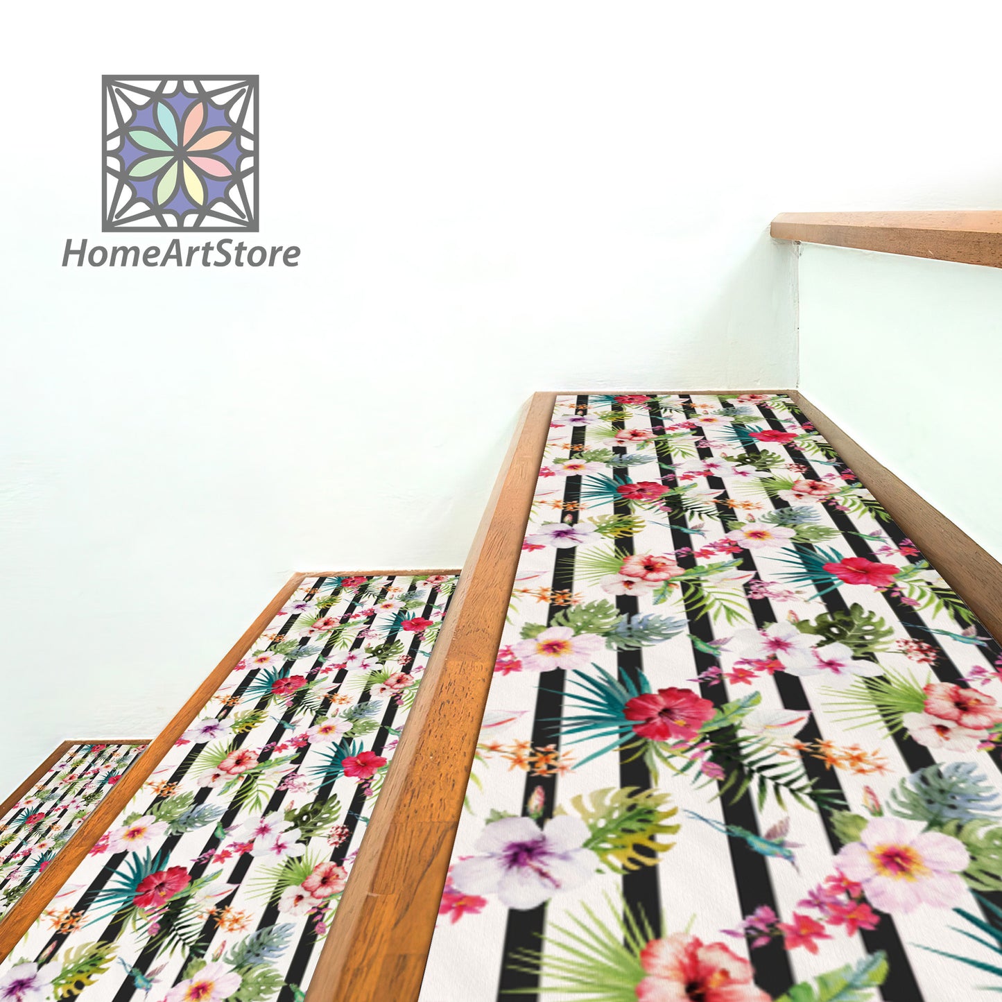 Colorful Flower Stair Rugs, Boho Style Stair Mats, Tropical Stair Treads Carpet, Hawaiian Decor, Nonslip Backing Step Mat