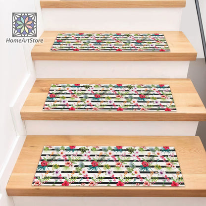Colorful Flower Stair Rugs, Boho Style Stair Mats, Tropical Stair Treads Carpet, Hawaiian Decor, Nonslip Backing Step Mat
