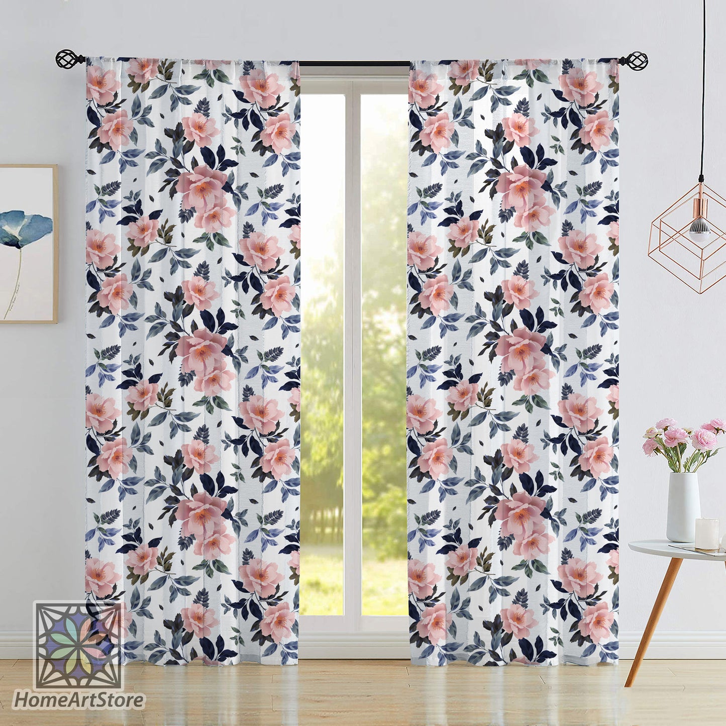 Pink Floral Pattern Curtain, Botanical Flower Curtain, Summer Home Decor, Living Room Curtain