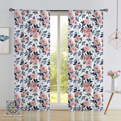 Pink Floral Pattern Curtain, Botanical Flower Curtain, Summer Home Decor, Living Room Curtain