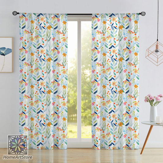 Floral Curtain, Botanical Yellow Flowers Curtain, Bohemian Art Curtain, Summer Decoration