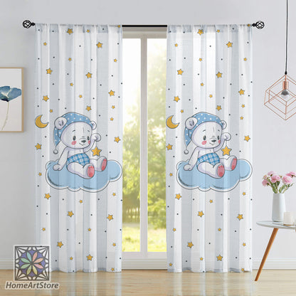 Cute Bear Curtain, Moon and Star Themed Curtain, Baby Boys Room Curtain, Blue Color Bear Curtain, Baby Boy Gift