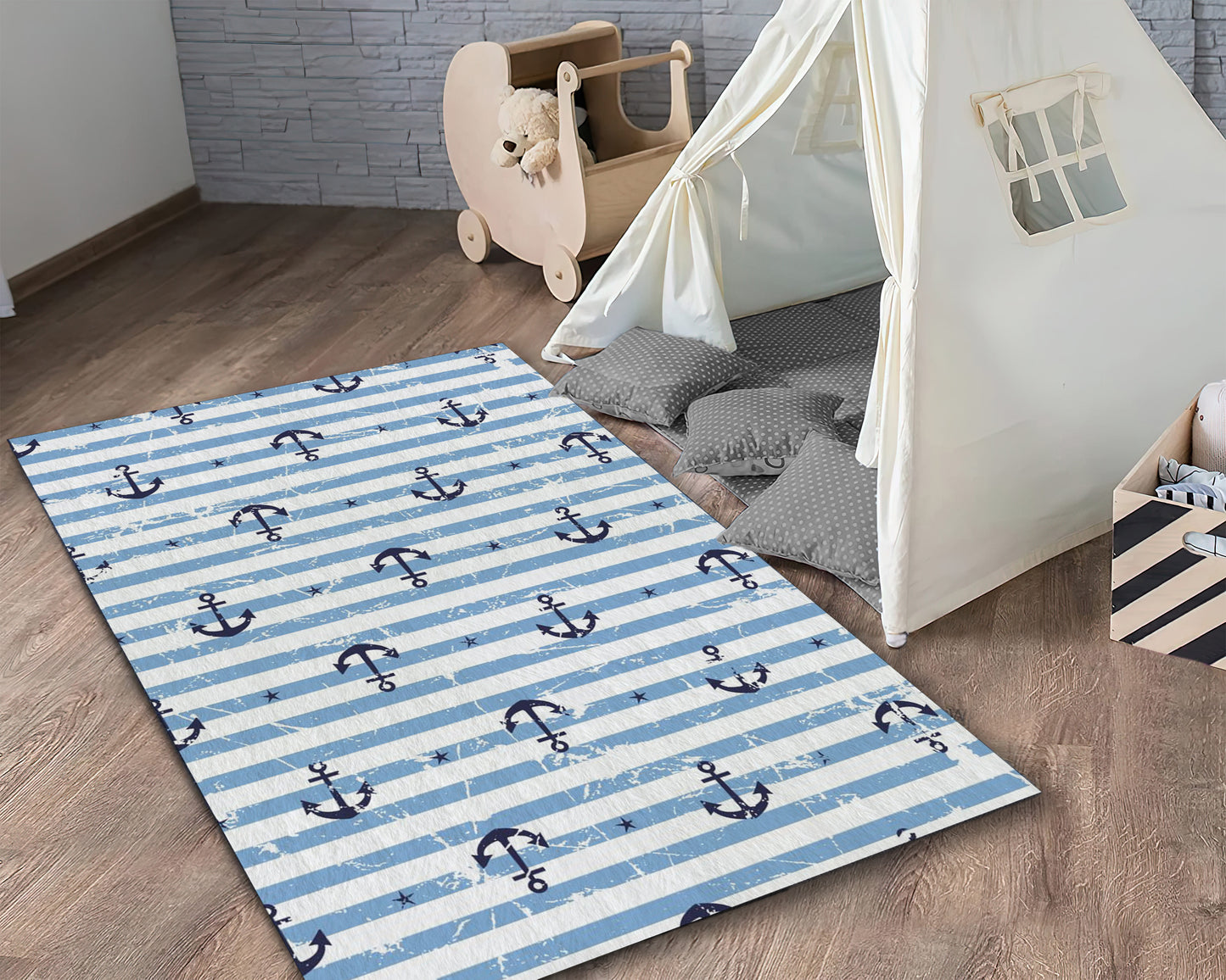 Sea Anchor Rug, Boys Room Rug, Striped Pattern Carpet, Nursery Play Room Mat, Baby Gift