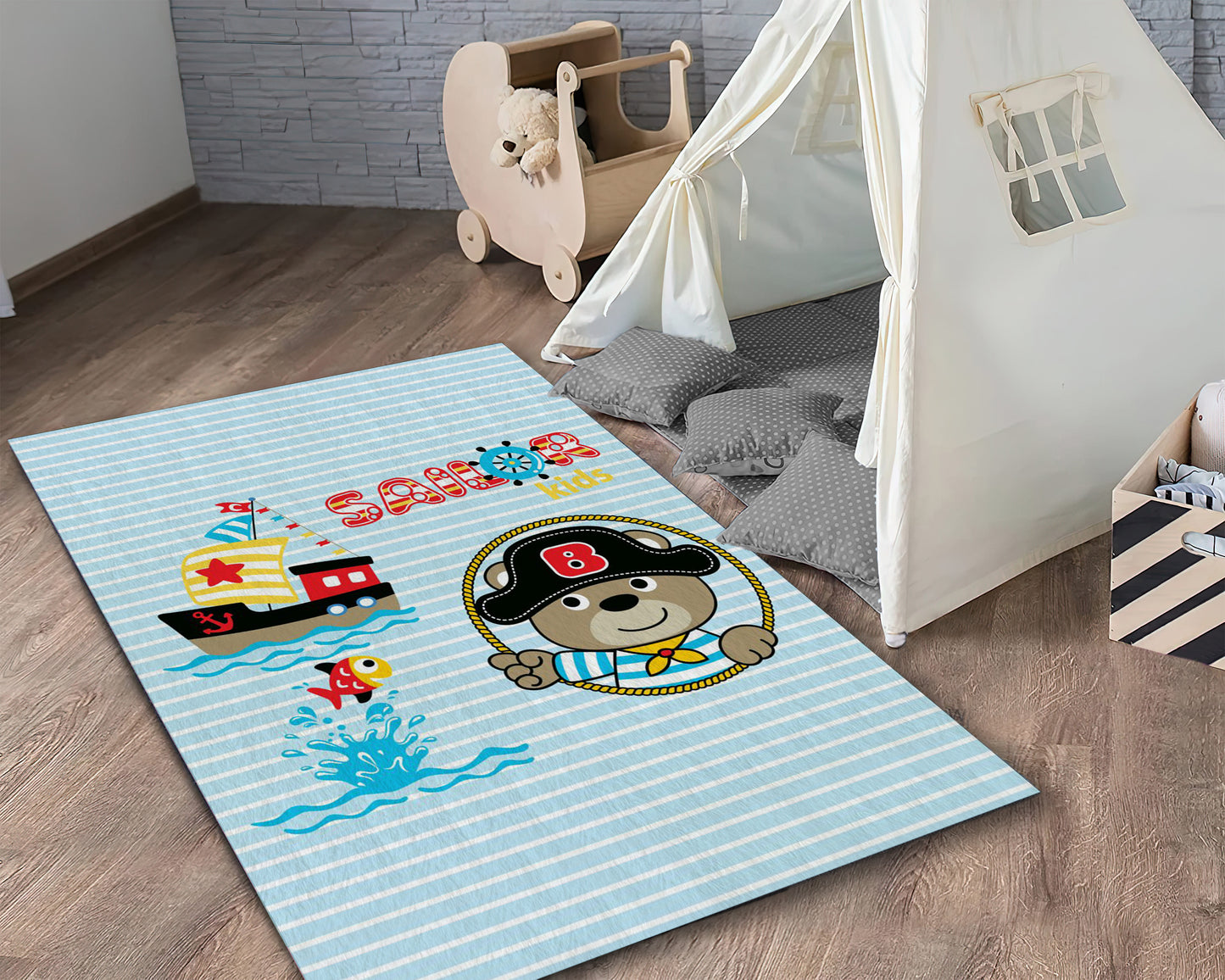 Blue Sailor Rug, Boys Room Carpet, Kids Striped Themed Play Mat, Ship Anchor Decor, Kids Room Rug