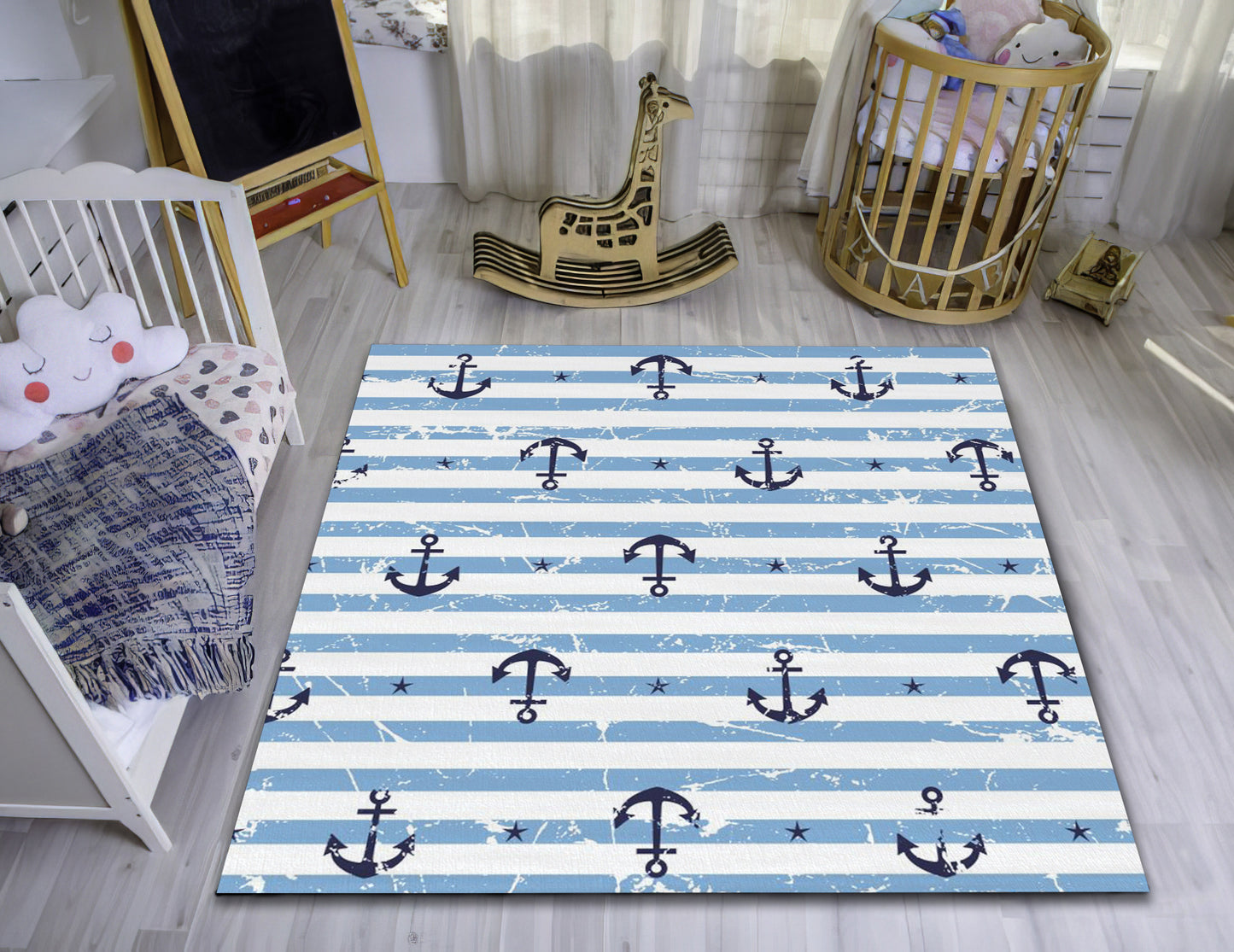 Blue Kids Room Rug, Sea Anchor Themed Carpet, Striped Pattern Decor, Play Room Mat, Nursery Rug