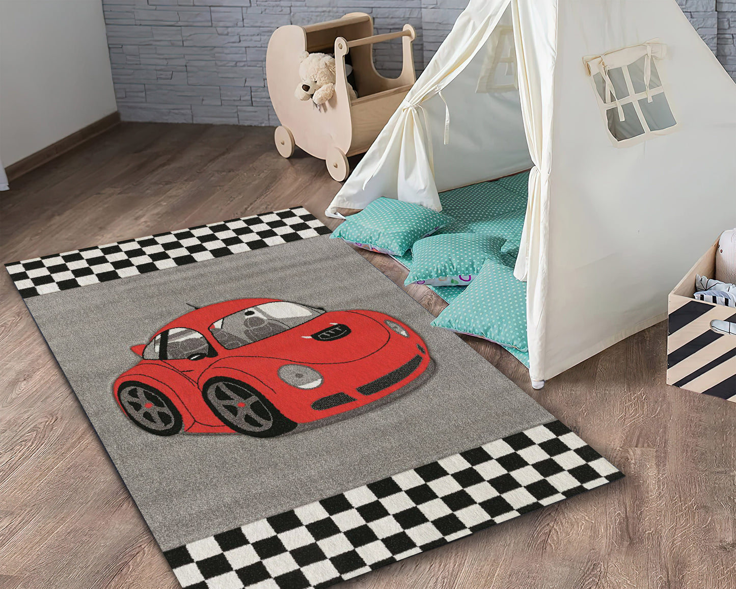 Red Racing Car Rug, Boys Room Carpet, Nursery Play Mat, Children Room Decor, Baby Gift