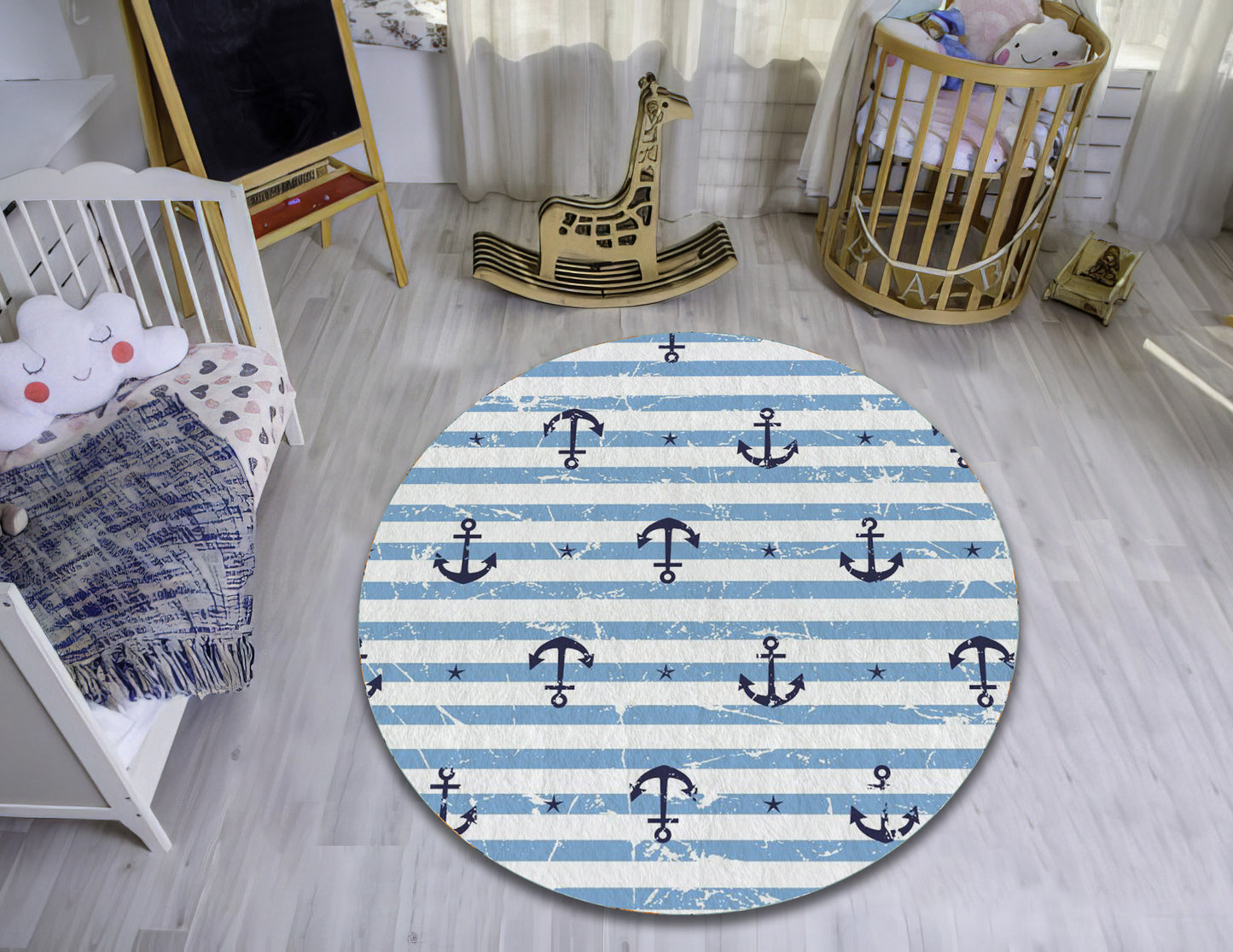 Blue Sea Anchor Pattern Rug, Striped Carpet, Baby Shower Decor, Nursery Play Mat, Kids Play Room Rug