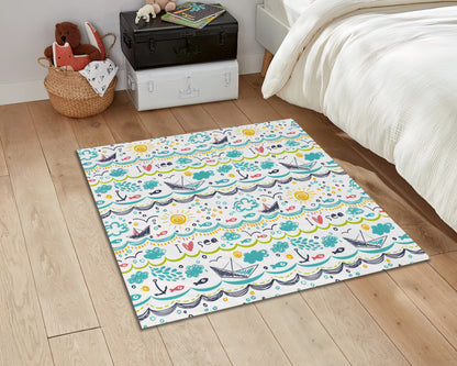 Fish Pattern Rug, Blue Anchor Carpet, Sea Boat Themed Mat, Children Room Decor, Baby Gift