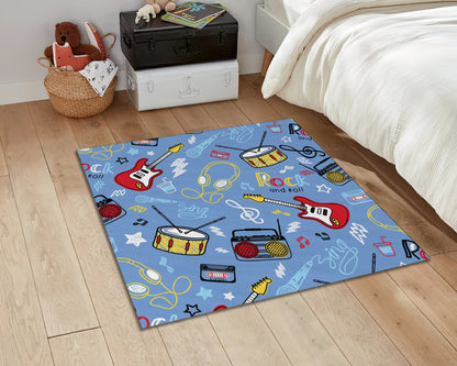 Musical Instruments Pattern Rug, Blue Kids Room Carpet, Baby Play Mat, Baby Gift