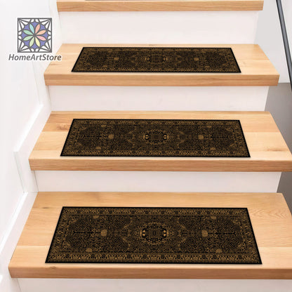 Black and Bronze Scandinavian Stair Rugs, Boho Style Stair Mats, Modern Stair Tread Carpet, Nonslip Backing Step Rugs