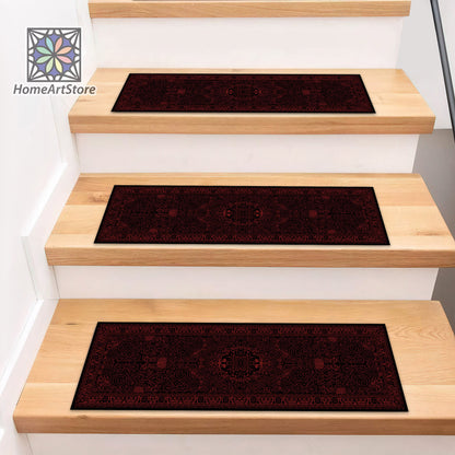 Black and Burgundy Boho Style Stair Mats, Scandinavian Decor, Cool Stair Tread Rugs, Nonslip Step Rugs