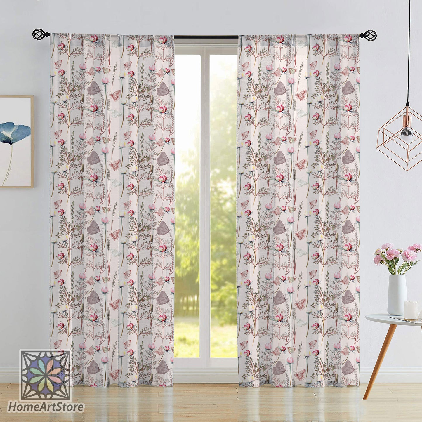 Butterflies Pattern Curtain, Flowers Curtain, Decorative Living Room Curtain, Kitchen Floral Curtain, Botanic Decor