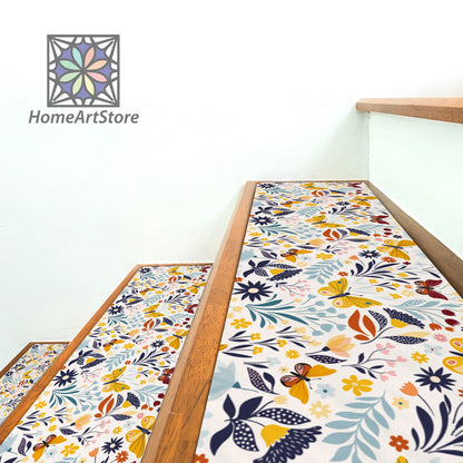 Butterfly Pattern Stair Step Rugs, Flowers Themed Stair Mats, Boho Style Decor, Floral Stair Tread Carpet