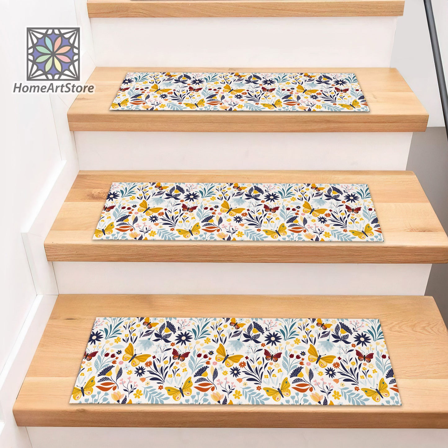 Butterfly Pattern Stair Step Rugs, Flowers Themed Stair Mats, Boho Style Decor, Floral Stair Tread Carpet