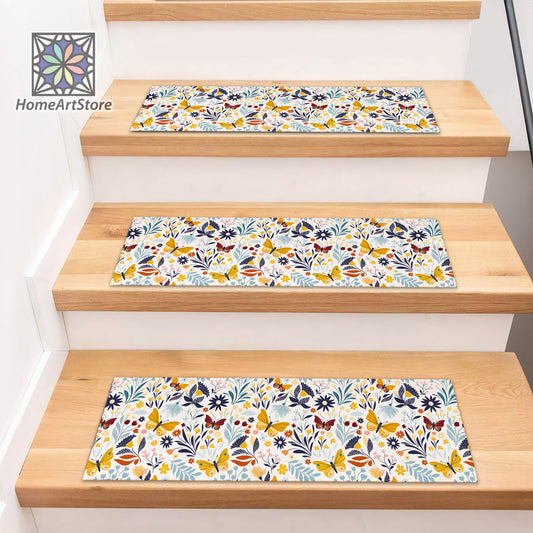 Butterfly Pattern Stair Step Rugs, Flowers Themed Stair Mats, Boho Style Decor, Floral Stair Tread Carpet