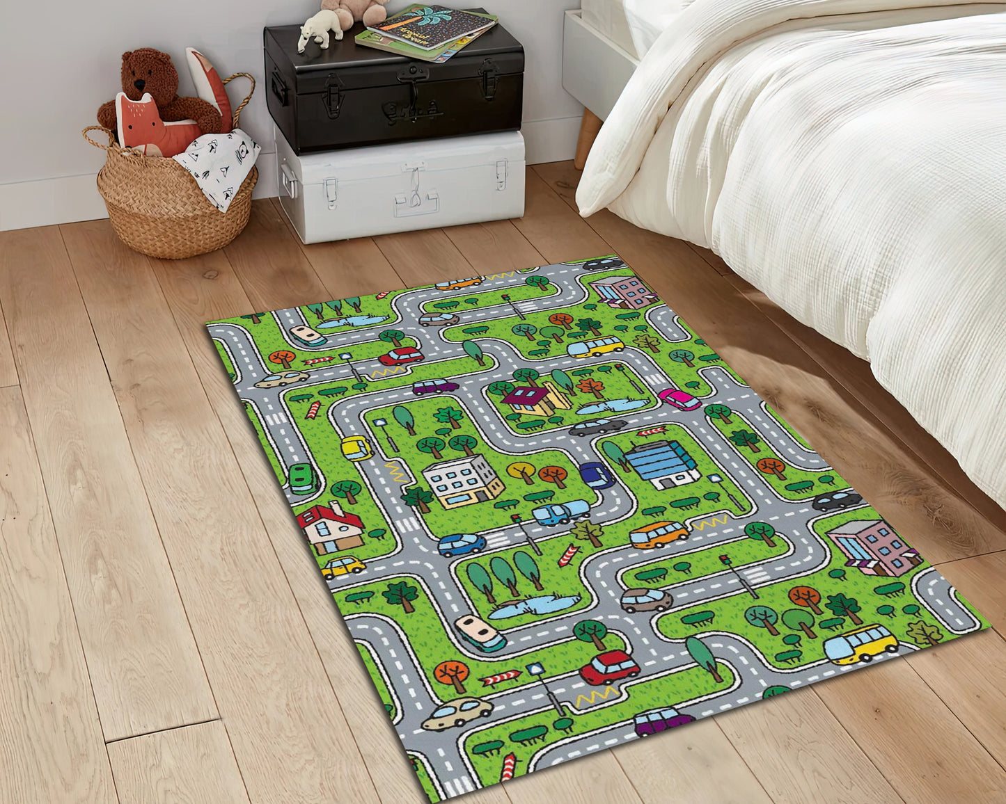 Green City Road Map Rug, Children Room Carpet, Toddler Mat, Kids Decor, Baby Gift