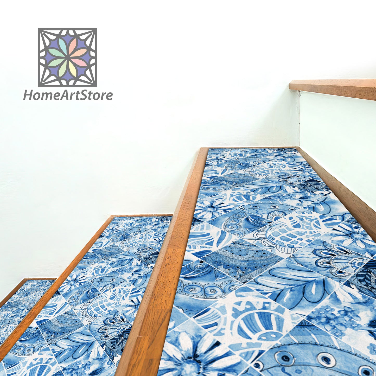 Blue Floral Stair Rugs, Ceramic Tile Pattern Stair Treads Mats, Nonslip Backing Step Mat, Modern Bohemian Stair Carpet