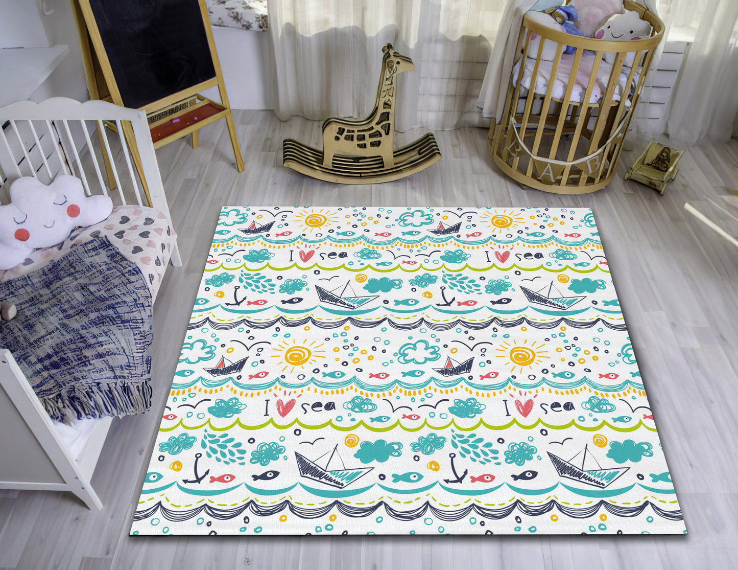 Fish Pattern Rug, Blue Anchor Carpet, Sea Boat Themed Mat, Children Room Decor, Baby Gift