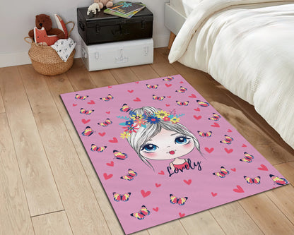 Blonde Cartoon Girl Printed Rug, Girl Room Mat, Butterfly Pattern Carpet, Pink Nursery Rug, Playroom Decor