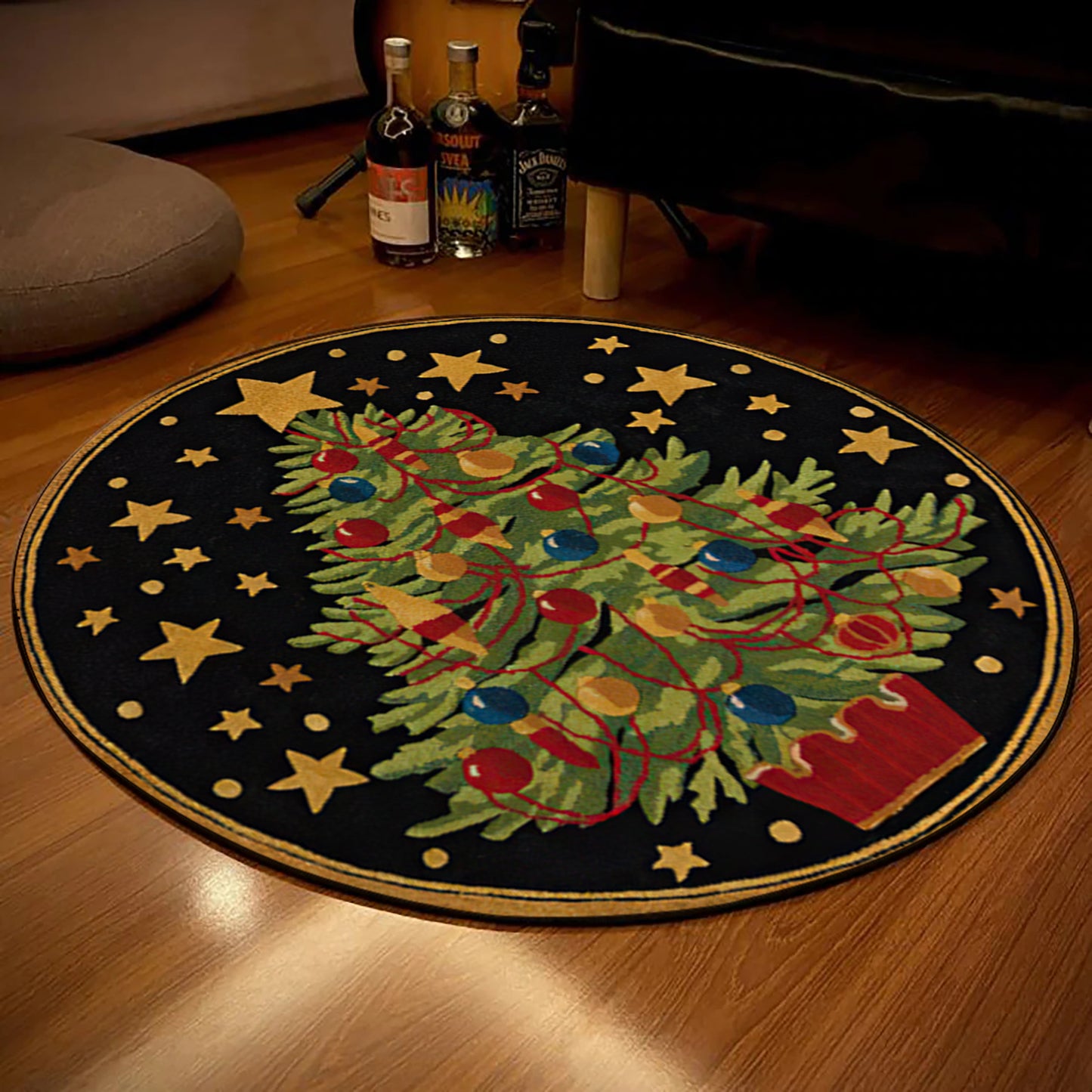 Christmas Tree Rug, Merry Christmas Carpet, Black and Gold Noel Mat, Retro Style Star Pattern Decor