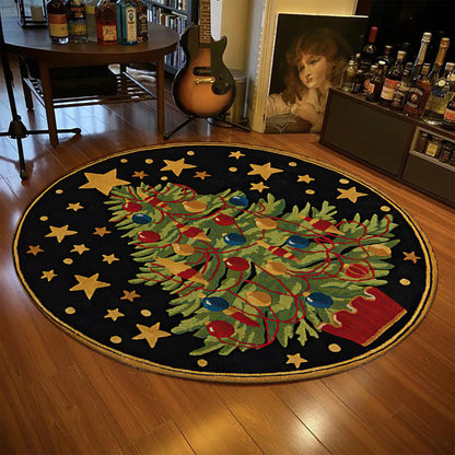 Christmas Tree Rug, Merry Christmas Carpet, Black and Gold Noel Mat, Retro Style Star Pattern Decor