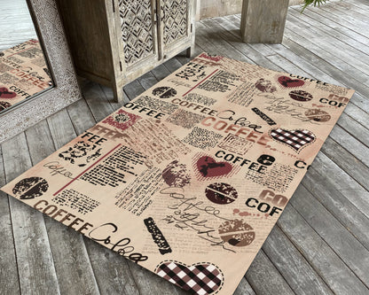 Coffee Rug, Kitchen Carpet, Dining Room Mat, Vintage Coffee Text Rug, Decorative Home Decor