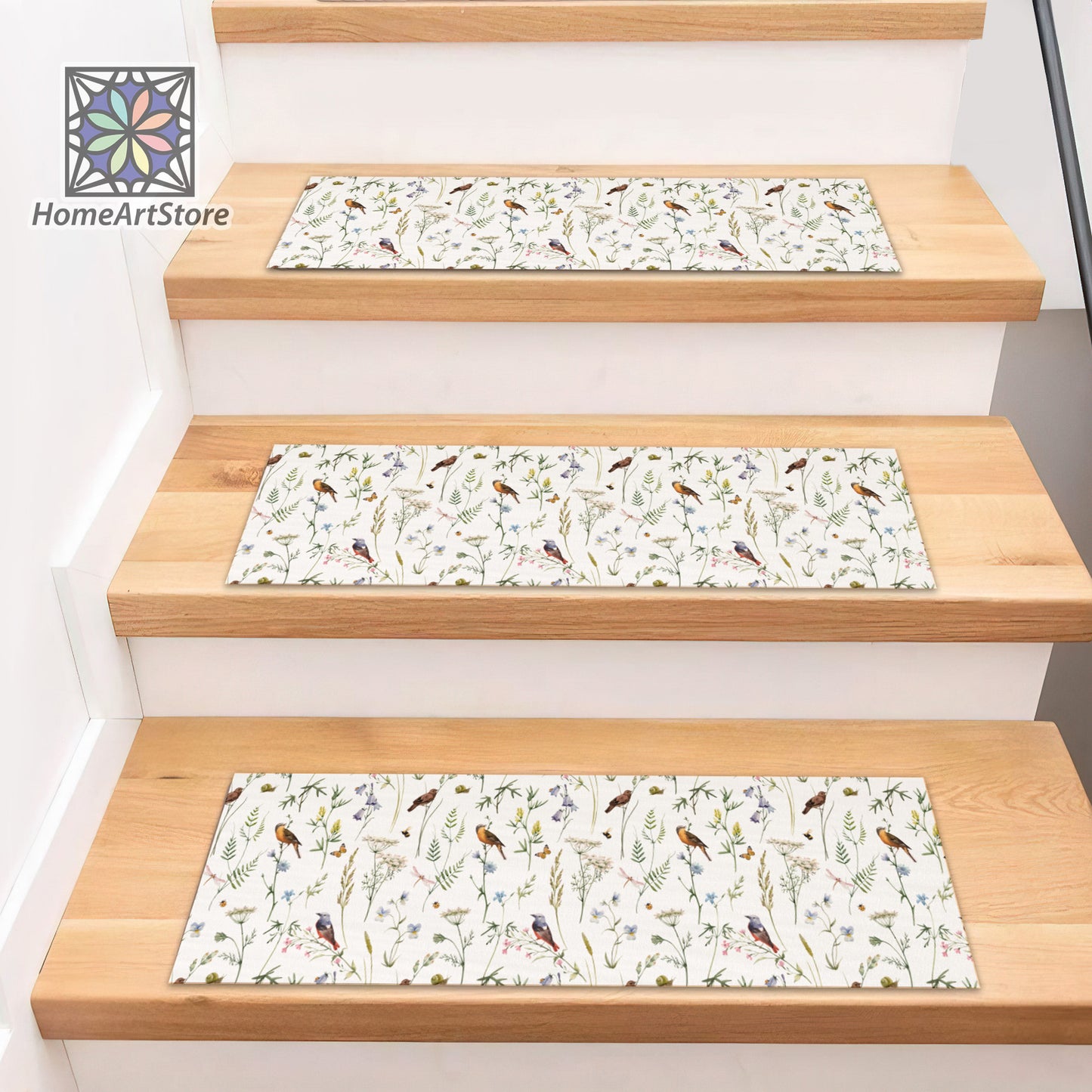 Colorful Birds Printed Stair Tread Rugs, Plant Pattern Step Mats, Boho Style Stair Step Carpet