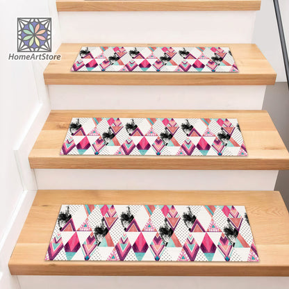 Colorful Diamond Stair Rug, Geometric Pattern Stair Mats, Non-Slip Stair Step Rugs, Bohemian Decor