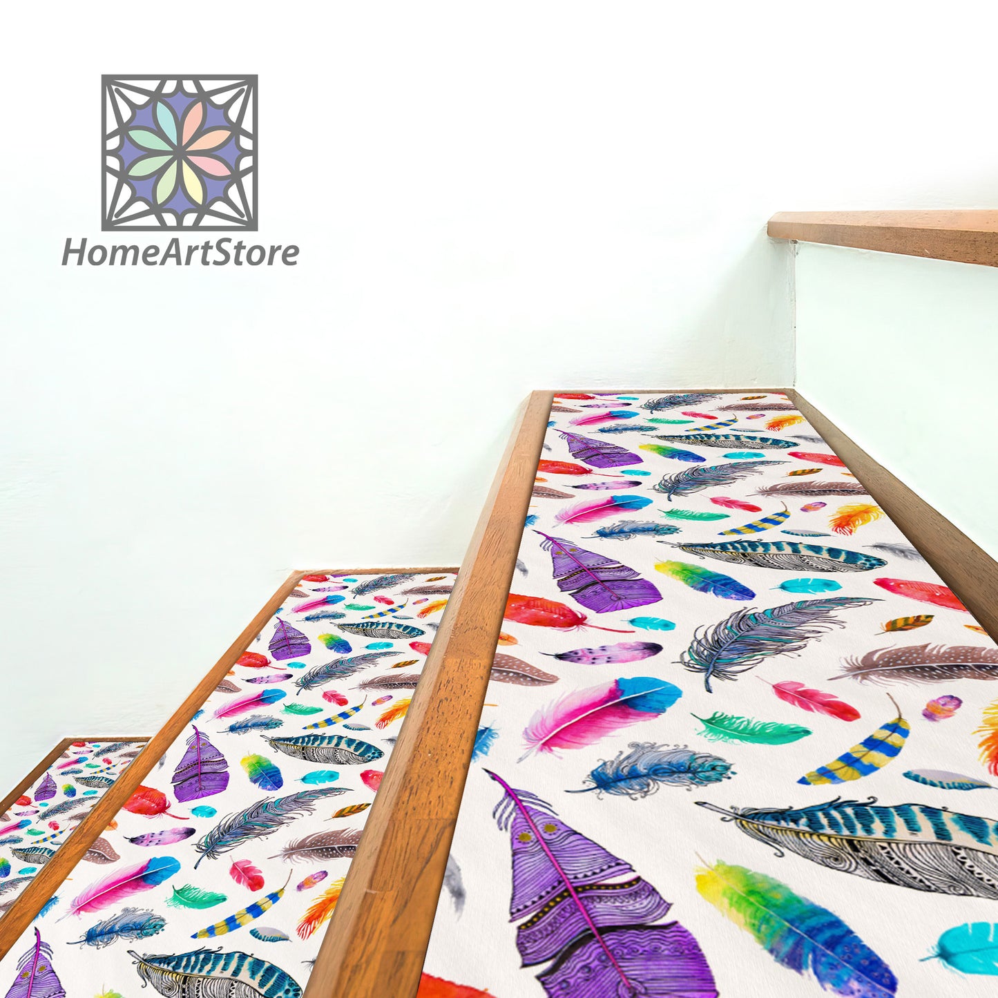 Colorful Feathers Pattern Stair Rugs, Cool Stair Mats, Modern Stair Step Carpet, Designer Stair Tread