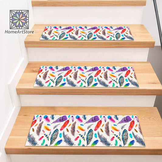 Colorful Feathers Pattern Stair Rugs, Cool Stair Mats, Modern Stair Step Carpet, Designer Stair Tread