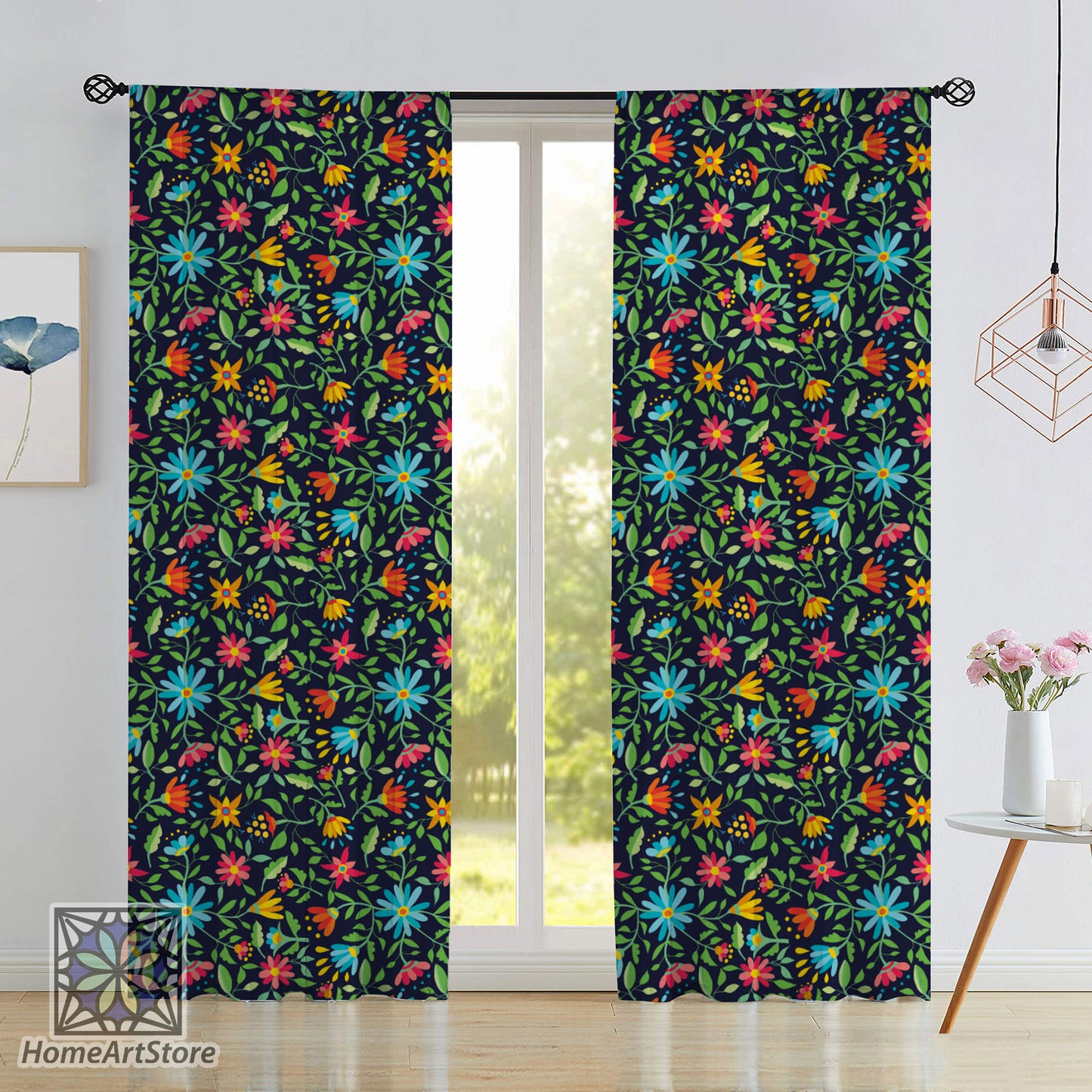 Flower Blossom Pattern Curtain, Colorful Floral Kitchen Curtain, Living Room Curtain, Botanic Home Decor