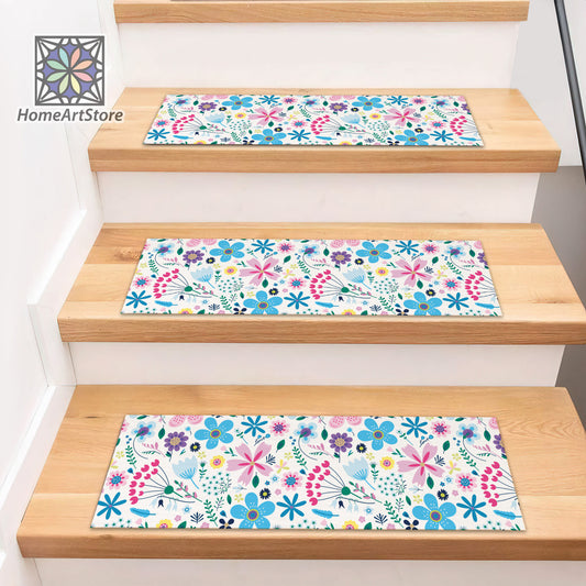 Colorful Floral Pattern Stair Rugs, Flowers Stair Step Mats, Boho Style Decor, Nonslip Backing Rug, Modern Stair Mats