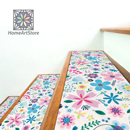 Colorful Floral Pattern Stair Rugs, Flowers Stair Step Mats, Boho Style Decor, Nonslip Backing Rug, Modern Stair Mats