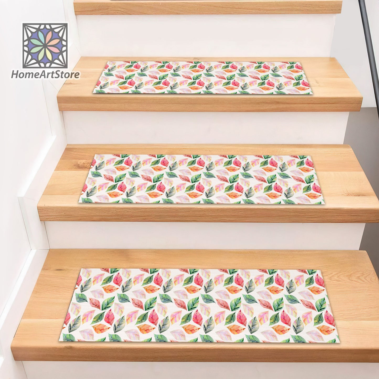 Colorful Leaves Pattern Stair Rugs, Leaf Step Mats, Modern Stair Tread Carpet, Leaf Theme Stair Decor