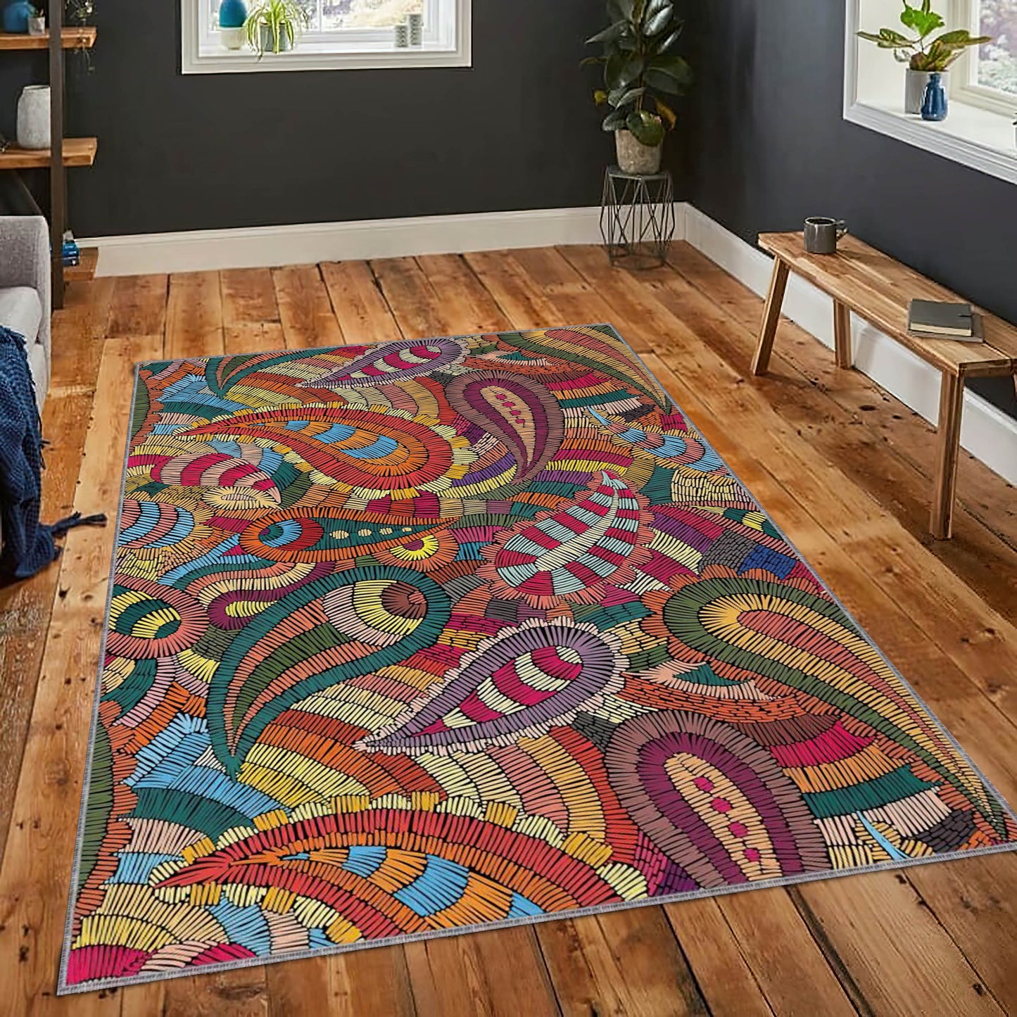 Exotic Boho Print Rug, Kitchen Carpet, Bohemian Decor, Living Room Mat, Motif Rug