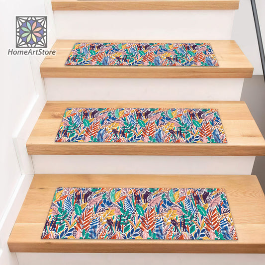 Colorful Tropical Leaves Pattern Stair Rugs, Hawaiian Stair Step Mats, Boho Style Home Decor