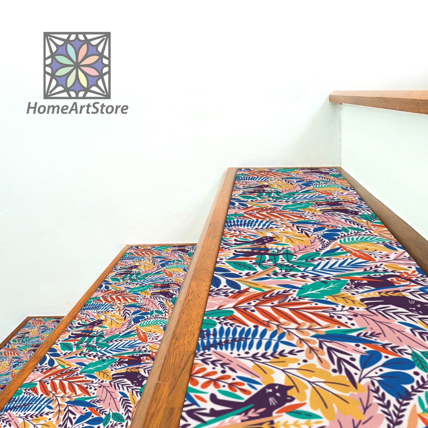 Colorful Tropical Leaves Pattern Stair Rugs, Hawaiian Stair Step Mats, Boho Style Home Decor