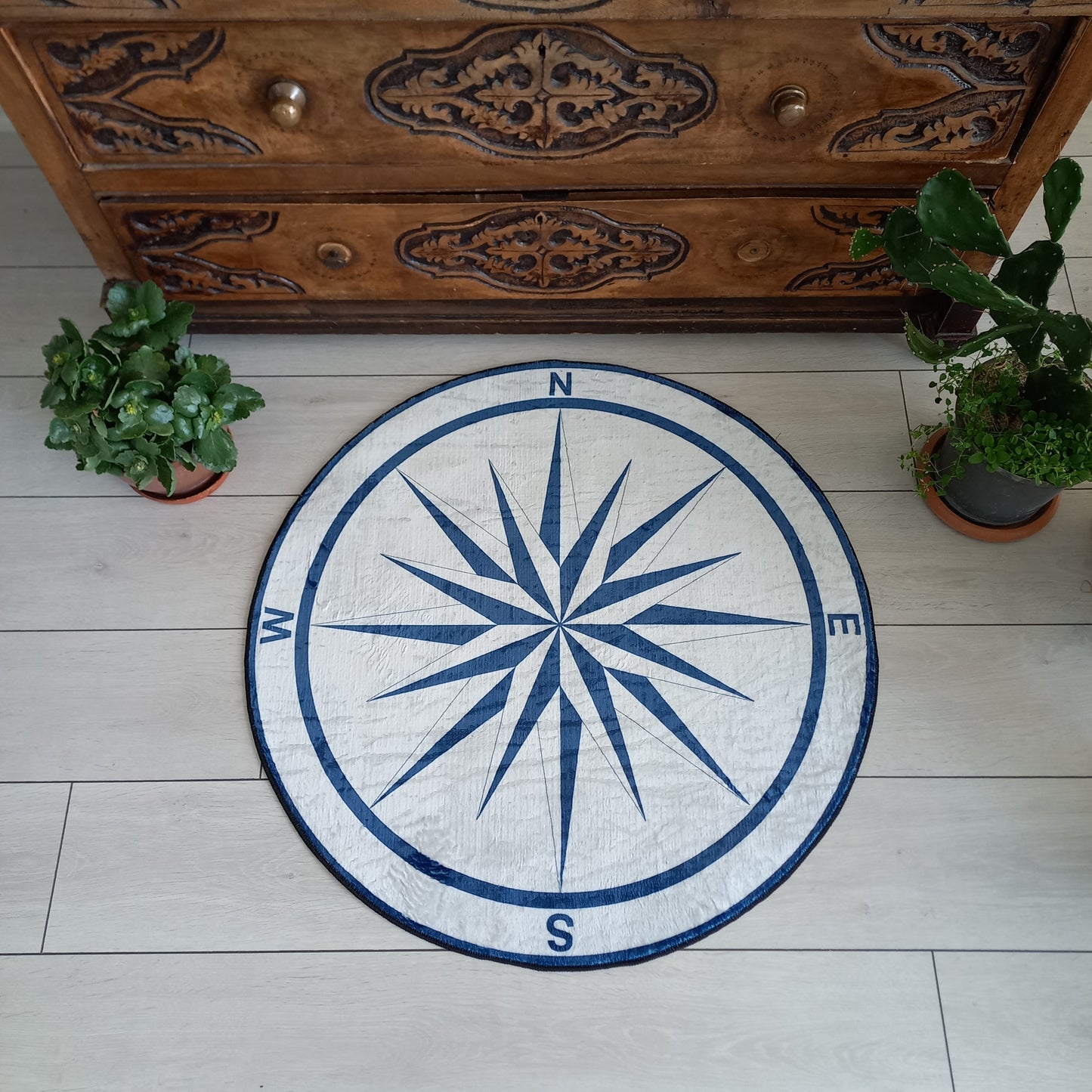 Blue Compass Carpet - Decorative Entrance Mat for Your Place, Yacht Round Carpet, Office Gift