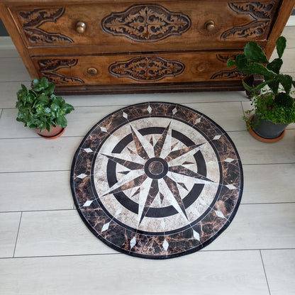 Marble Looking Compass Rug, Vintage Compass Rose Carpet, Living Room Mat, Home Decor
