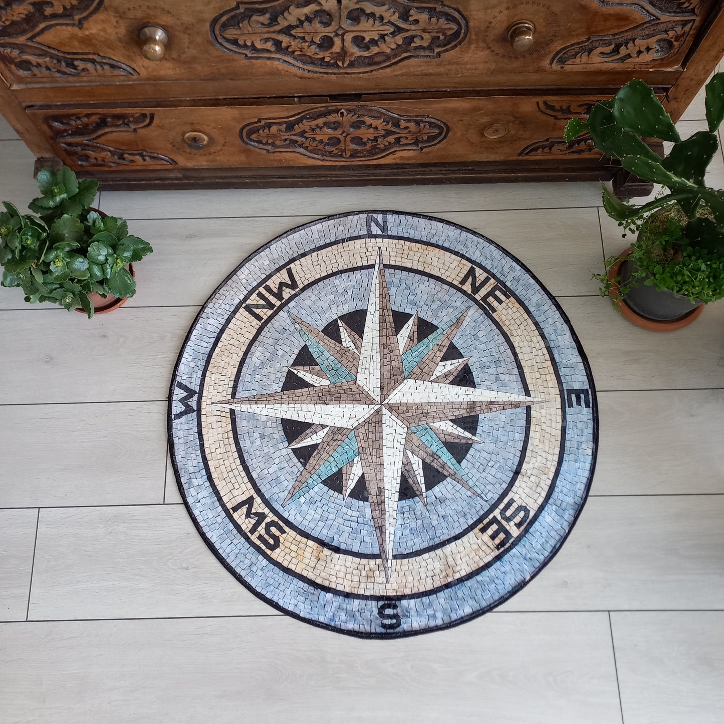 3D Ancient Stone Rug, Compass Carpet, Yacht Round Mat, Summer House Decor, Gift