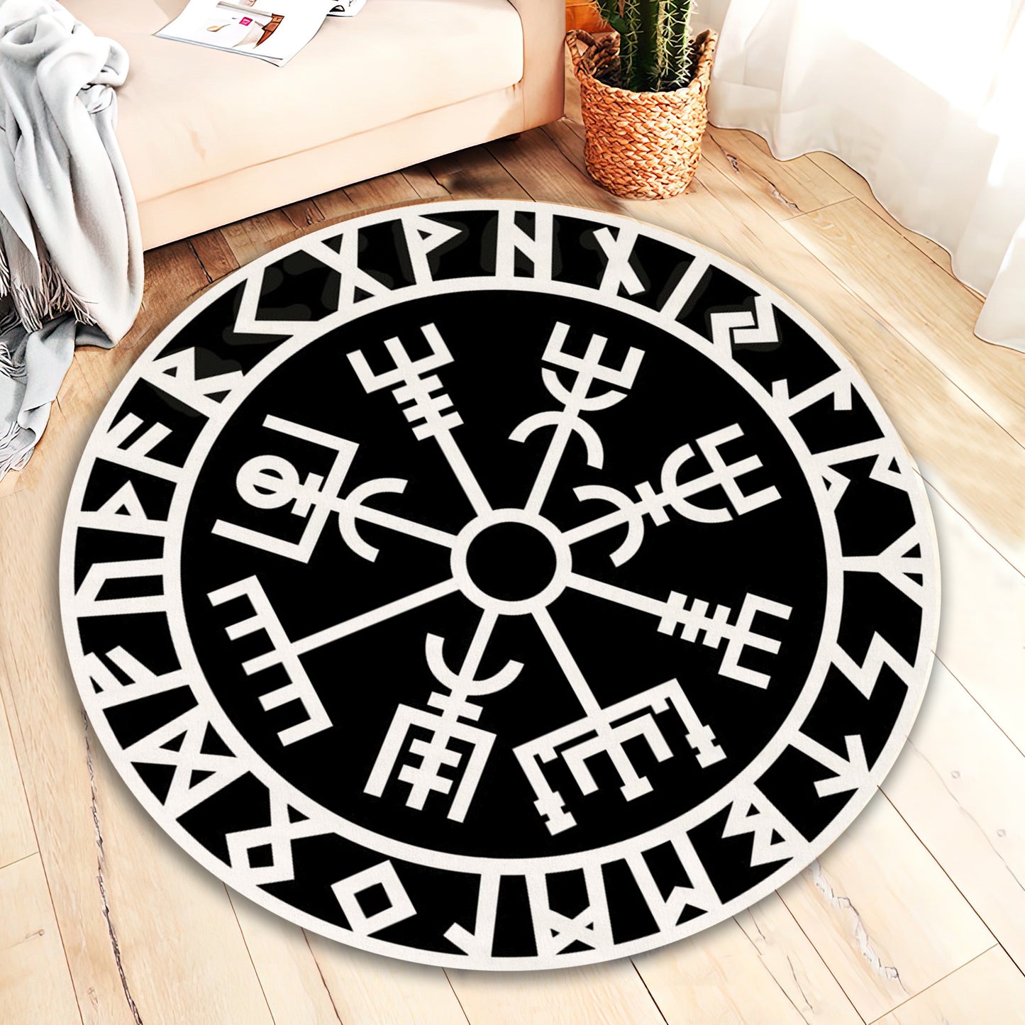 Protection Symbol Rug, Black and White Compass Mat, Viking Compass Carpet, Entryway Decor