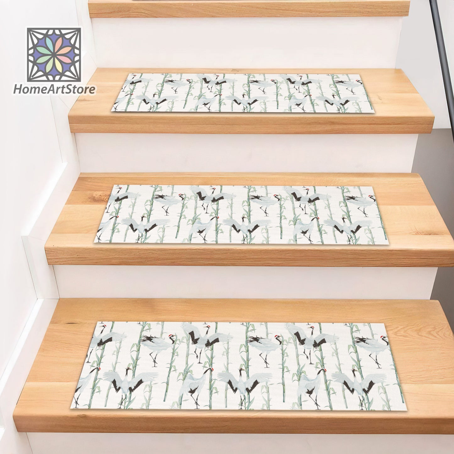 Crane Birds Stair Rugs, Bamboo Pattern Stair Tread Carpet, Non-Slip Stair Step Mats, Asian Home Decor, Boho Step Rug