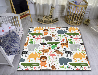 Zoo Pattern Rug, Baby Room Carpet, Nursery Play Mat, Colorful Animal Decor, Safari Rug