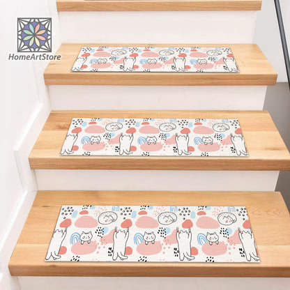 Cute Cats Printed Stair Tread Rugs, Cartoon Stair Carpet, Animal Step Mats, Minimal Step Rugs
