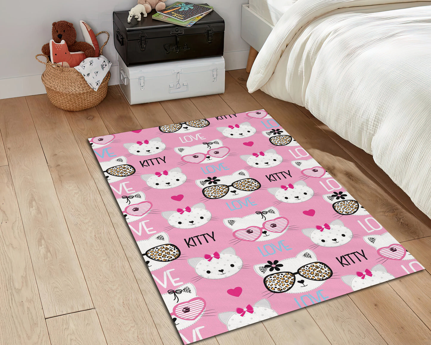 Kitty Rug, Cat Pattern Carpet, Pink Kids Room Rug, Nursery Play Mat, Animal Decor