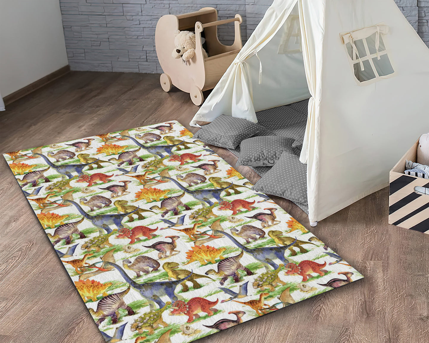 Safari Animals Pattern Rug, Dinosaur Carpet, Cute Dino Nursery Mat, Kids Room Rug